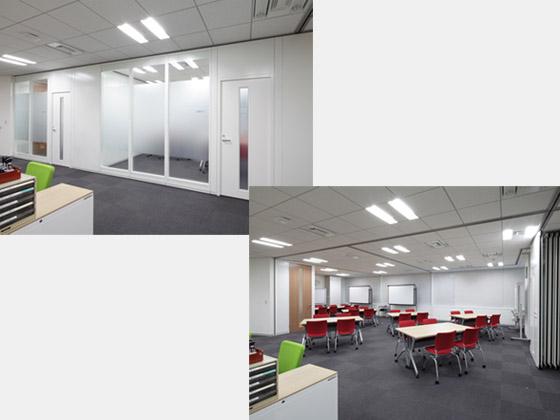 Suntory Flowers Limited/【Meeting rooms】(Left) Meeting room created by fully closing the movable partitions ⇔ (Right) Open meeting set up by fully opening the movable partitions