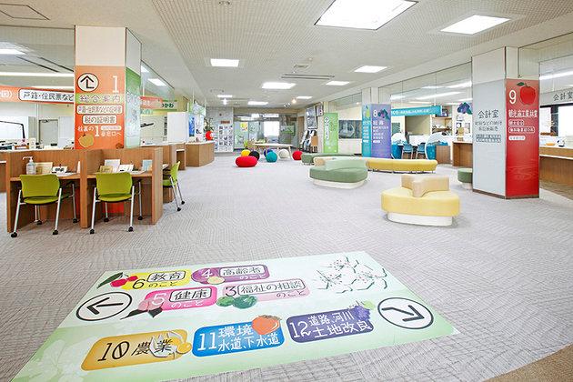 Town of Matsukawa in Nagano Prefecture/【Entrance area】Floor signs intuitively guide users to the service counter they are looking for.