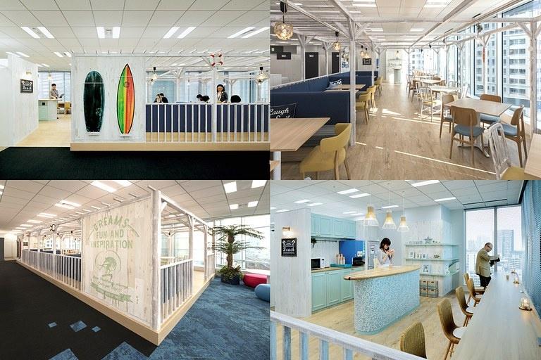 BANDAI NAMCO Entertainment Inc./【8F Communication space／BEACH】The interior creates an open and refreshing beach scene.